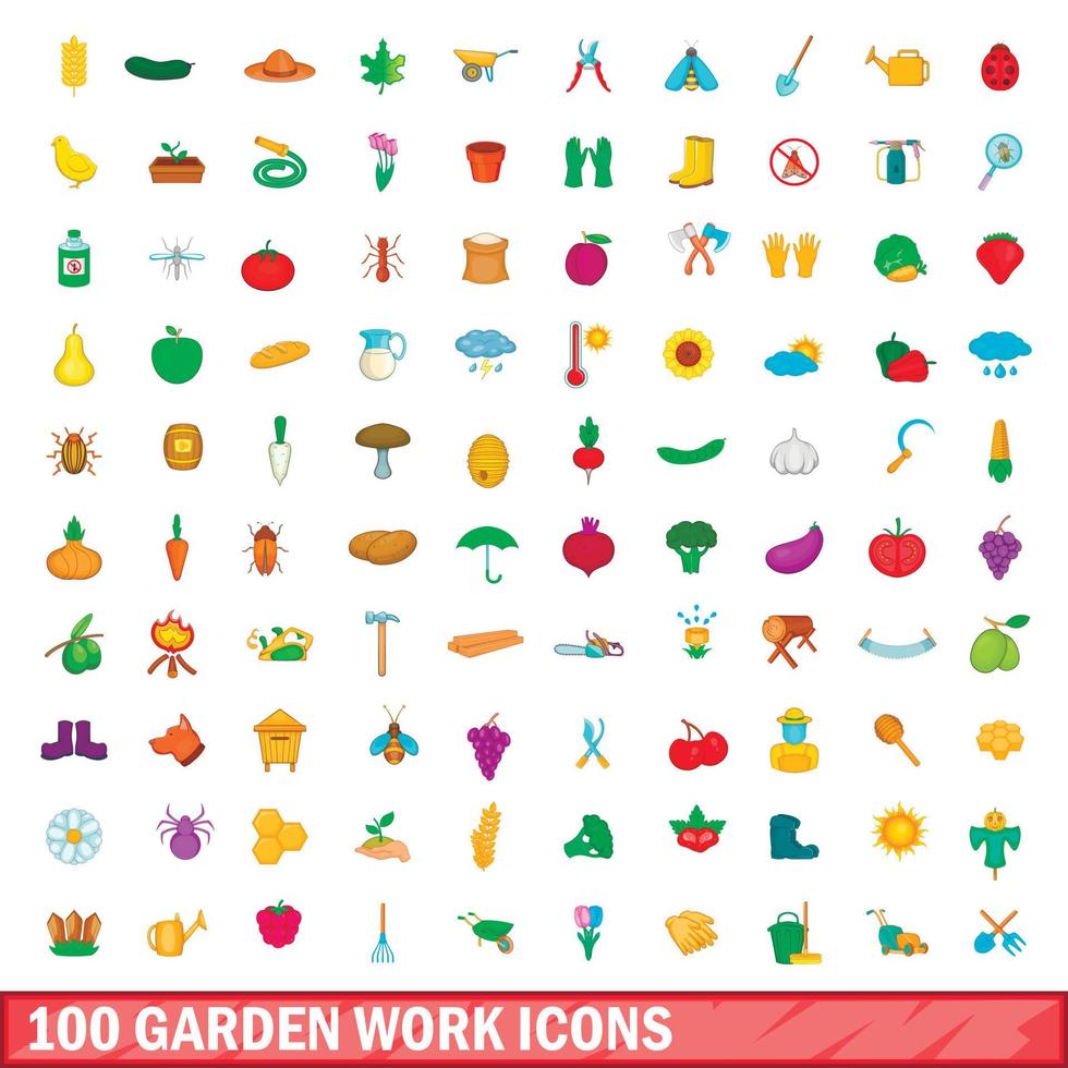 100 garden work icons set, cartoon style vector