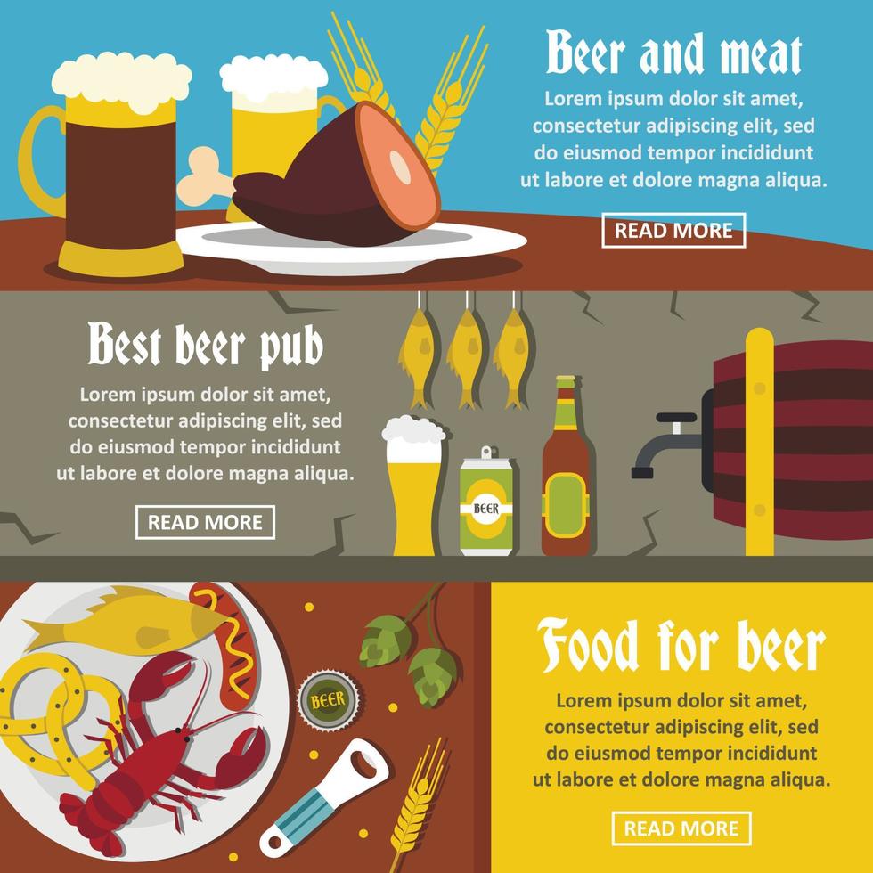 Beer pub food banner horizontal set, flat style vector