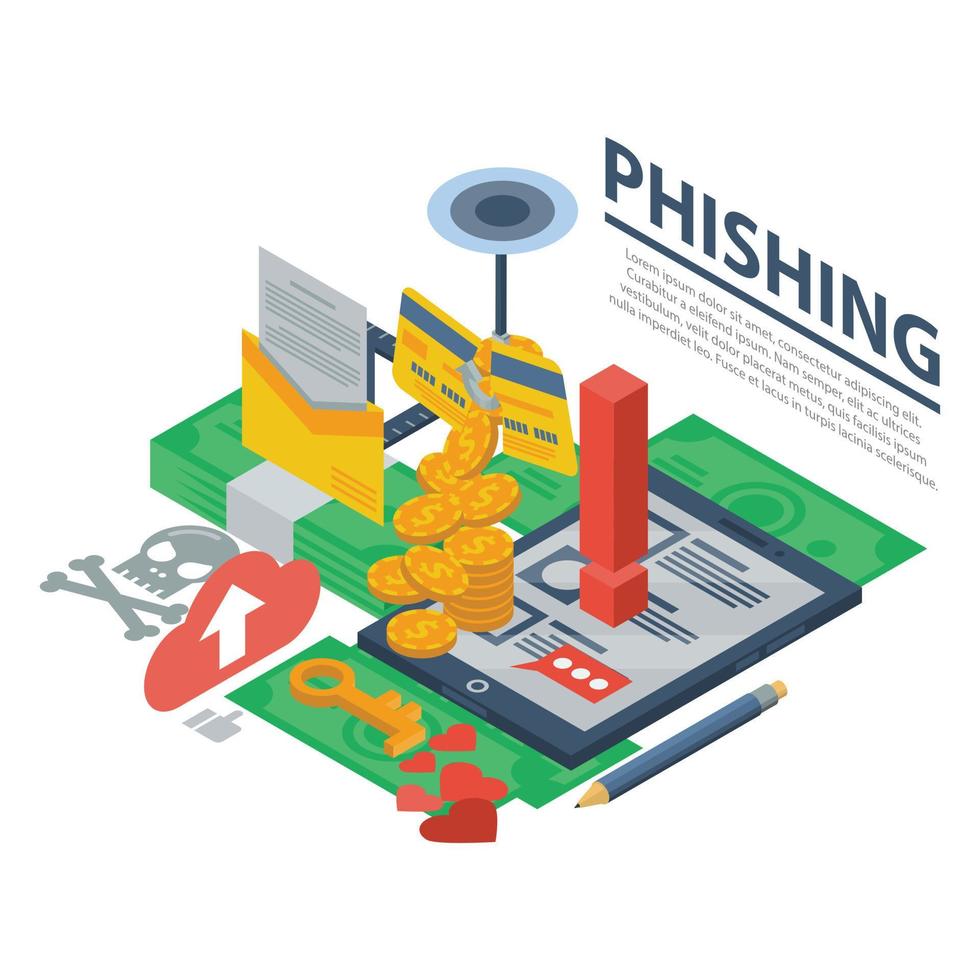 Phishing attack concept background, isometric style vector