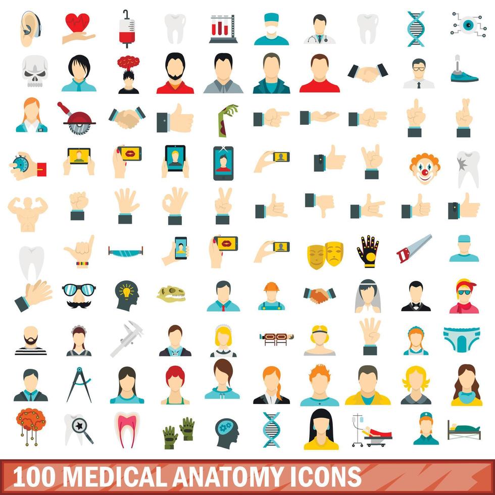 100 iconos de anatomía médica, estilo plano vector