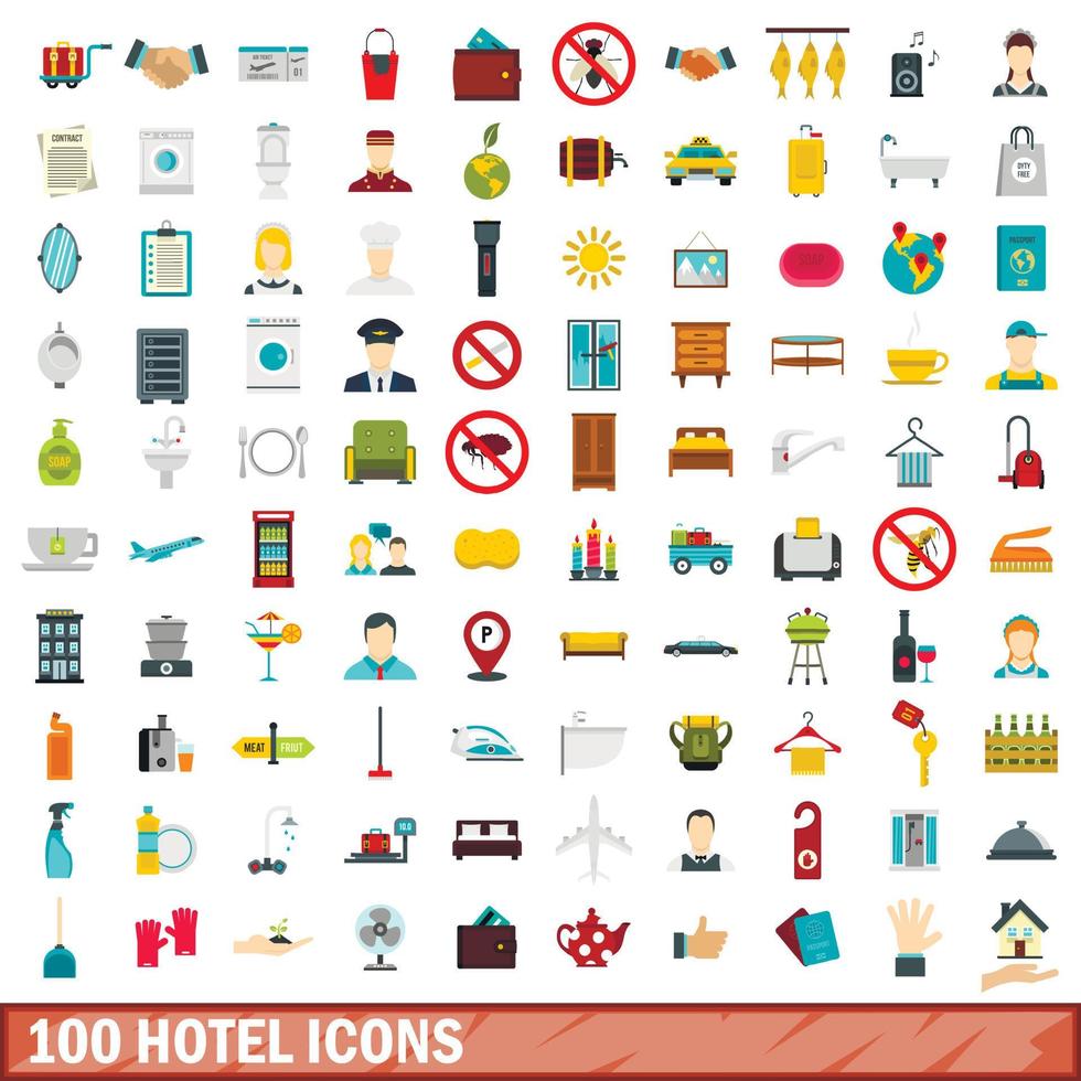100 hotel icons set, flat style vector