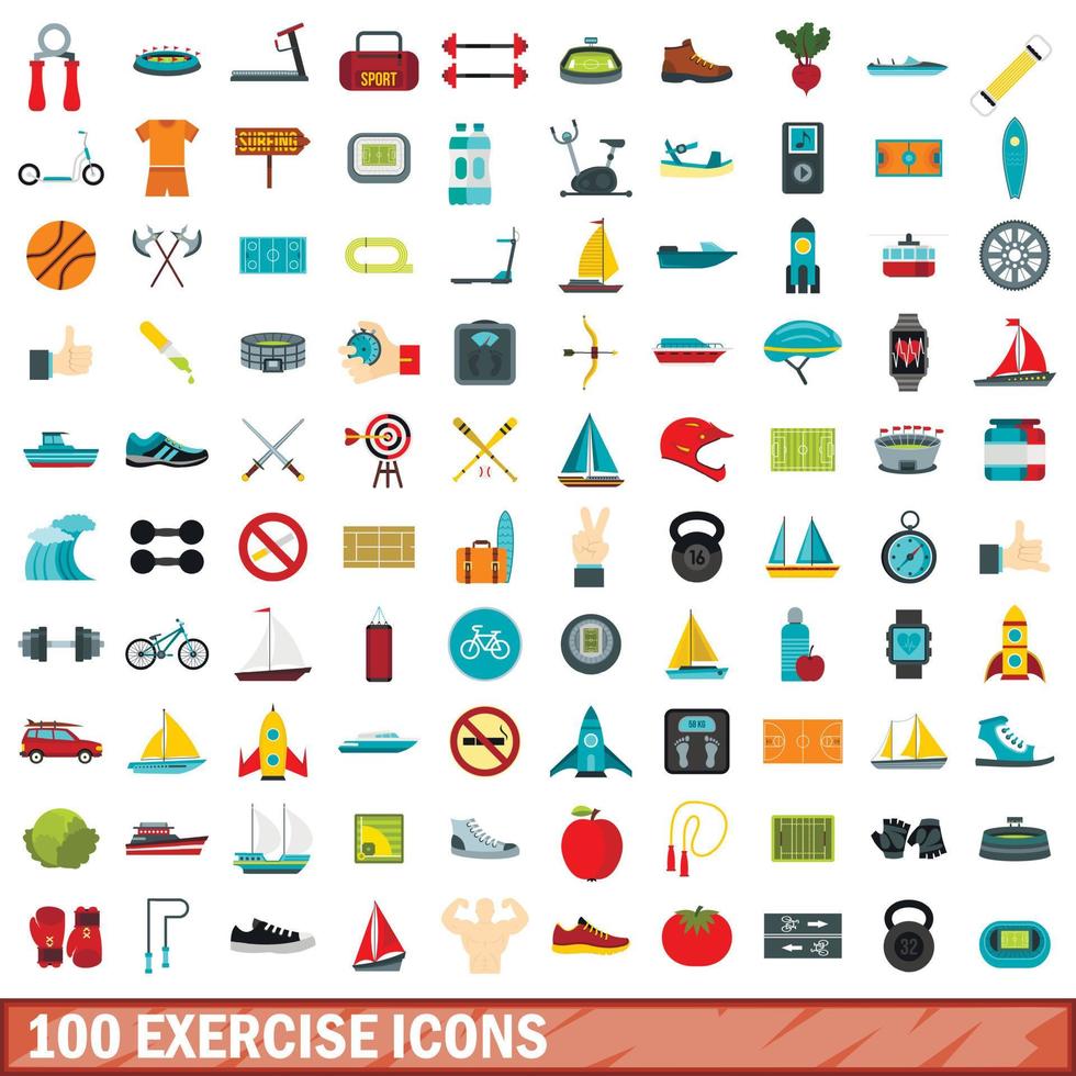 100 exercise icons set, flat style vector