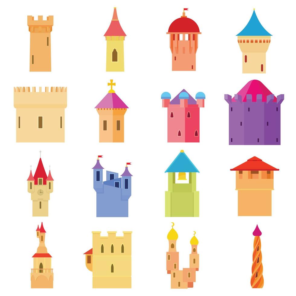 Los iconos de la torre del castillo establecen el color, el estilo de dibujos animados vector