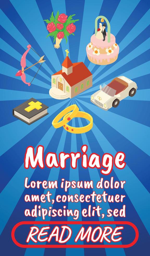 Marriage concept banner, comics isometric style vector