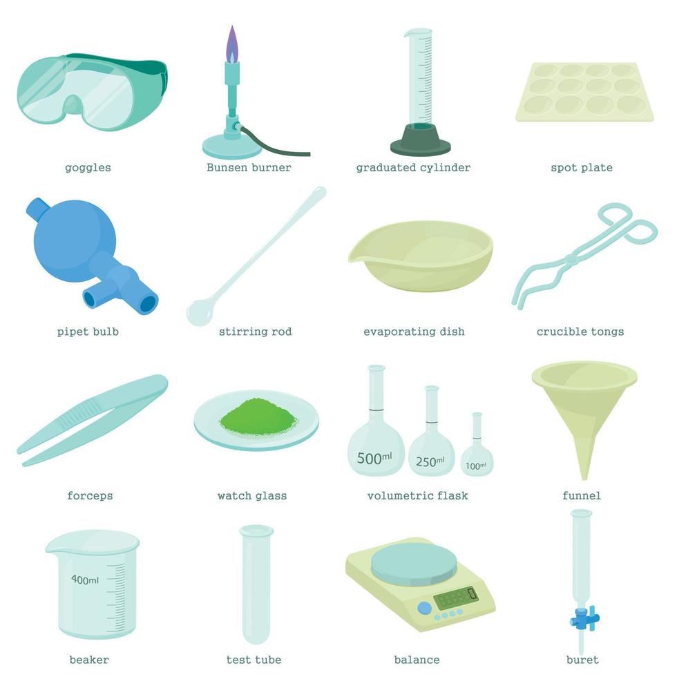 Chemical laboratory tools icons set, cartoon style vector