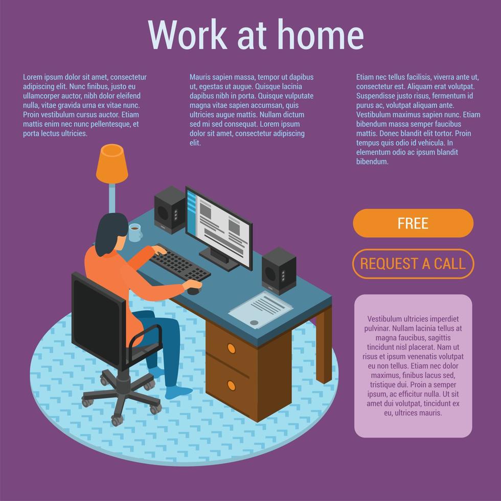 Work at home concept background, isometric style vector