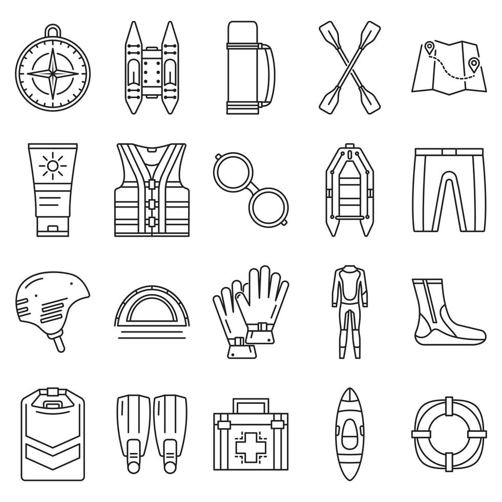 Rafting icon set, outline style vector