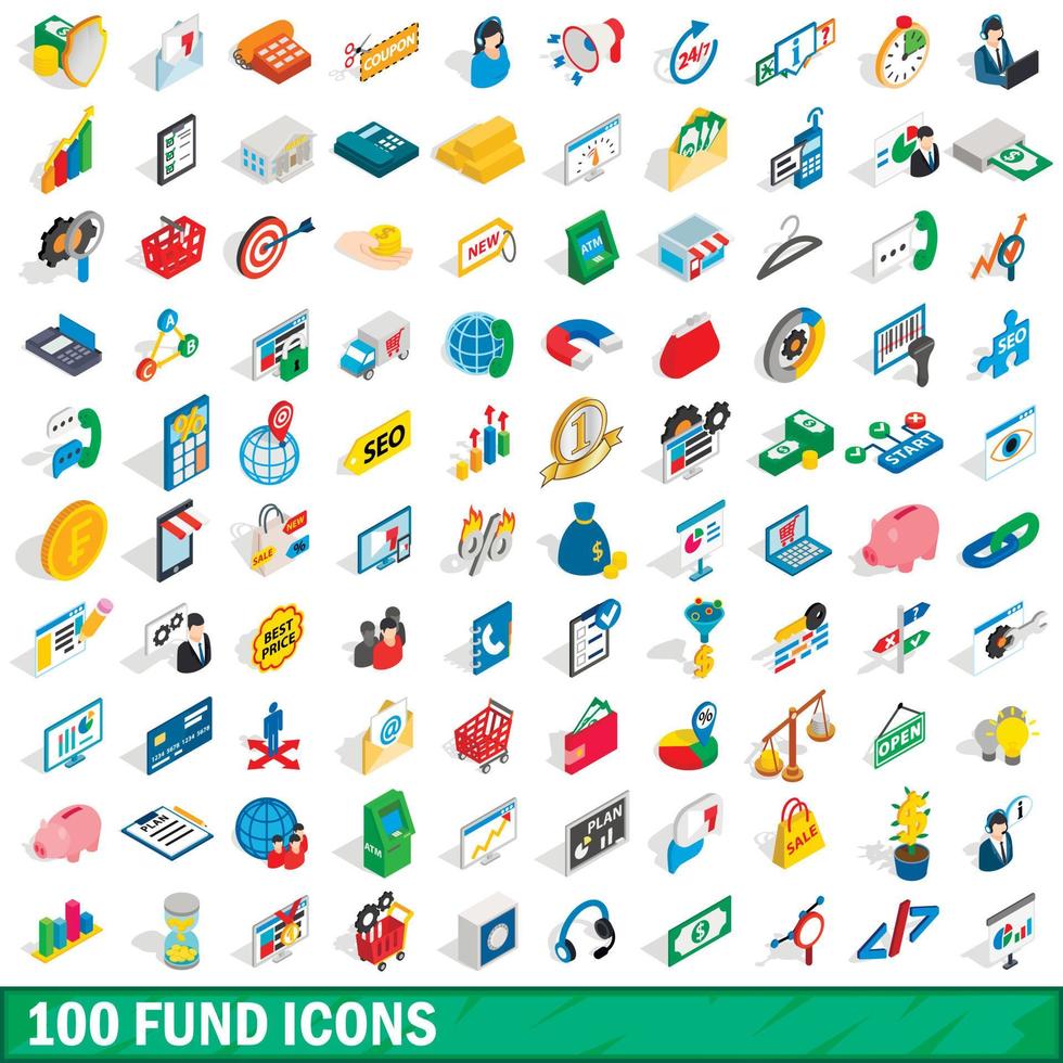 100 fund icons set, isometric 3d style vector