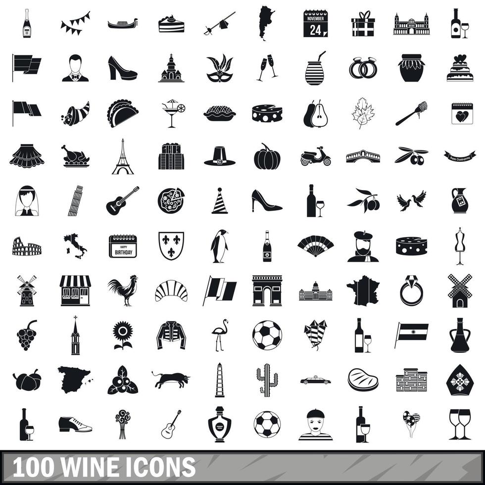 100 wine icons set, simple style vector