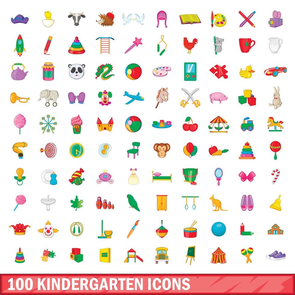 100 jardín de infantes, conjunto de iconos de estilo de dibujos animados vector