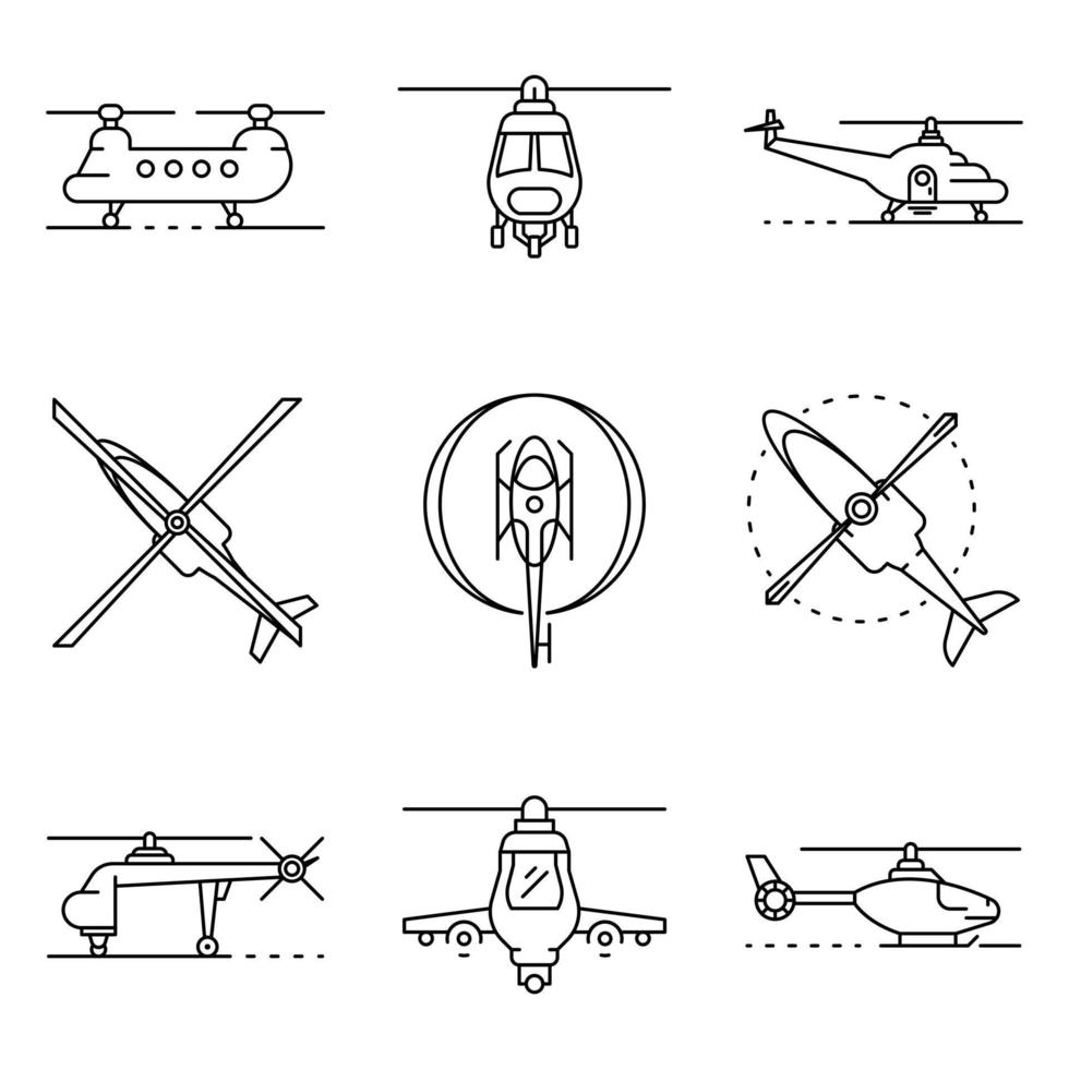 conjunto de iconos de helicóptero, estilo de contorno vector