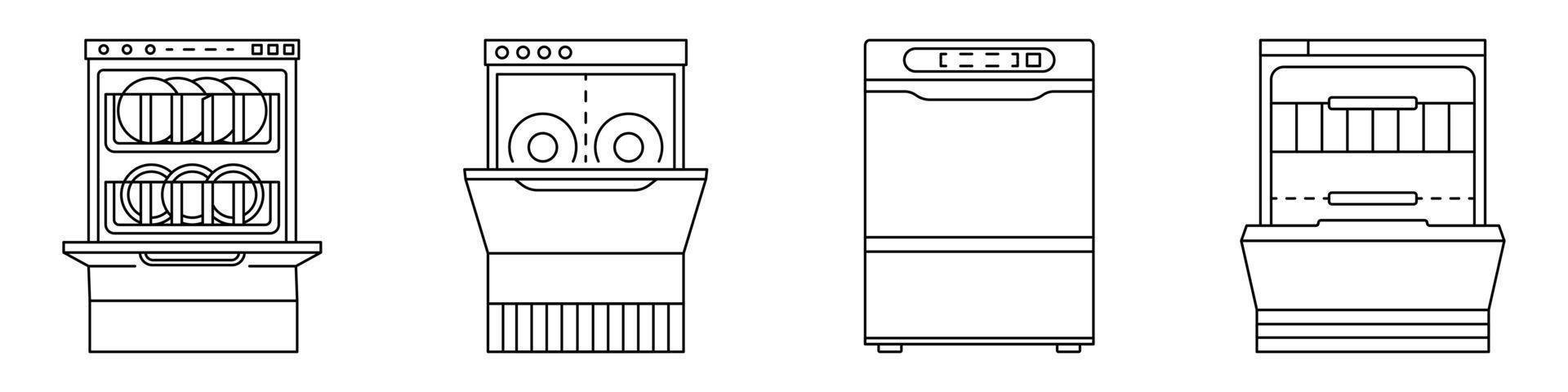 conjunto de iconos de lavavajillas, estilo de esquema vector