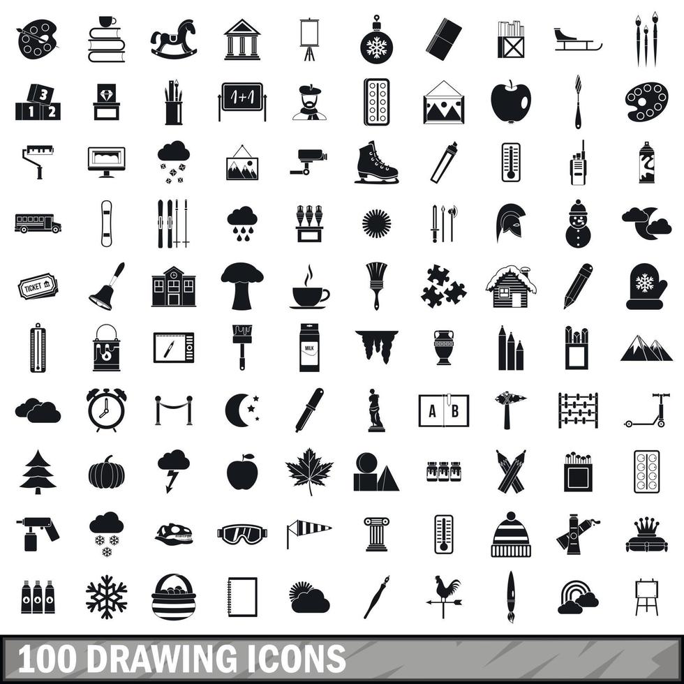 100 drawing icons set, simple style vector