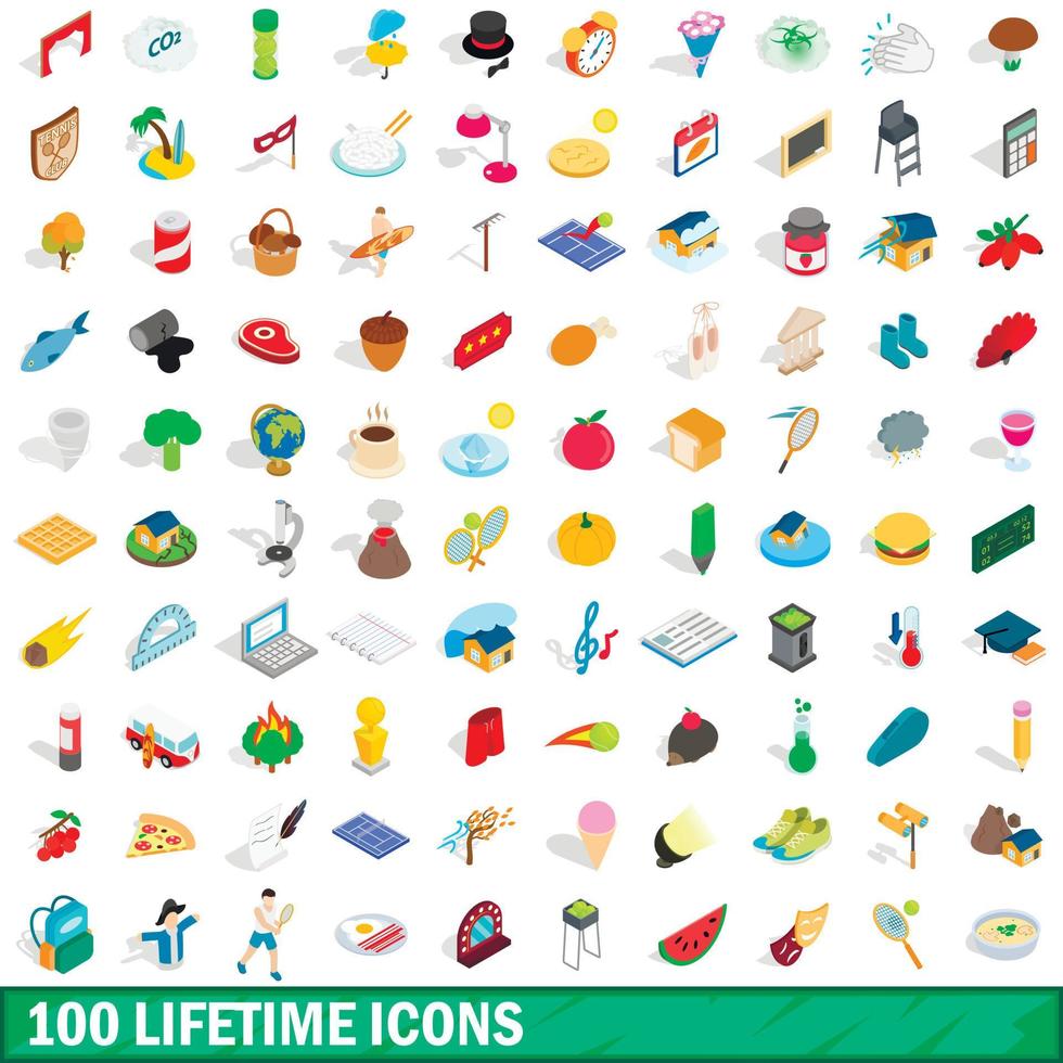100 lifetime icons set, isometric 3d style vector