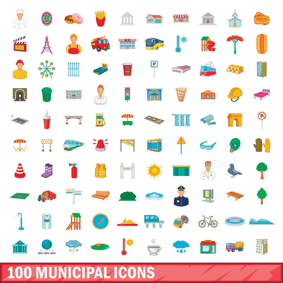 100 iconos municipales, estilo de dibujos animados vector