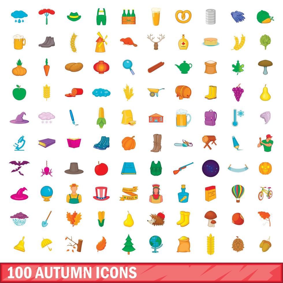 100 autumn icons set, cartoon style vector