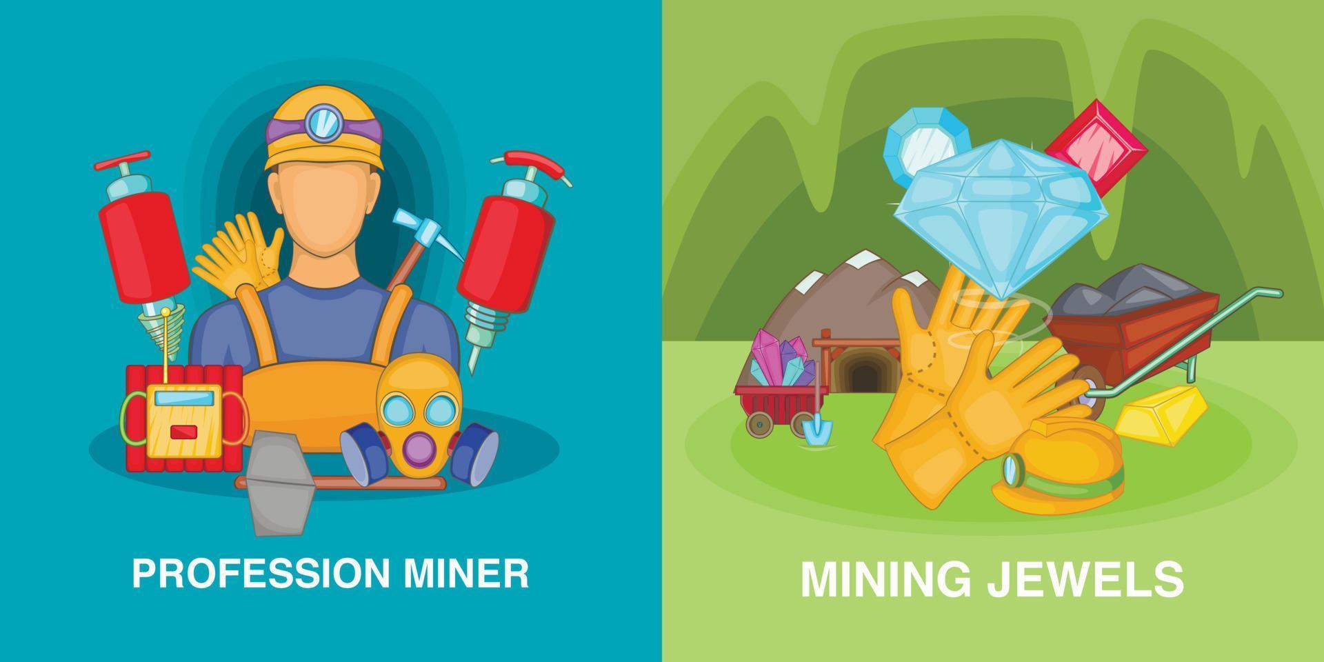 Professional miner banner set, cartoon style vector