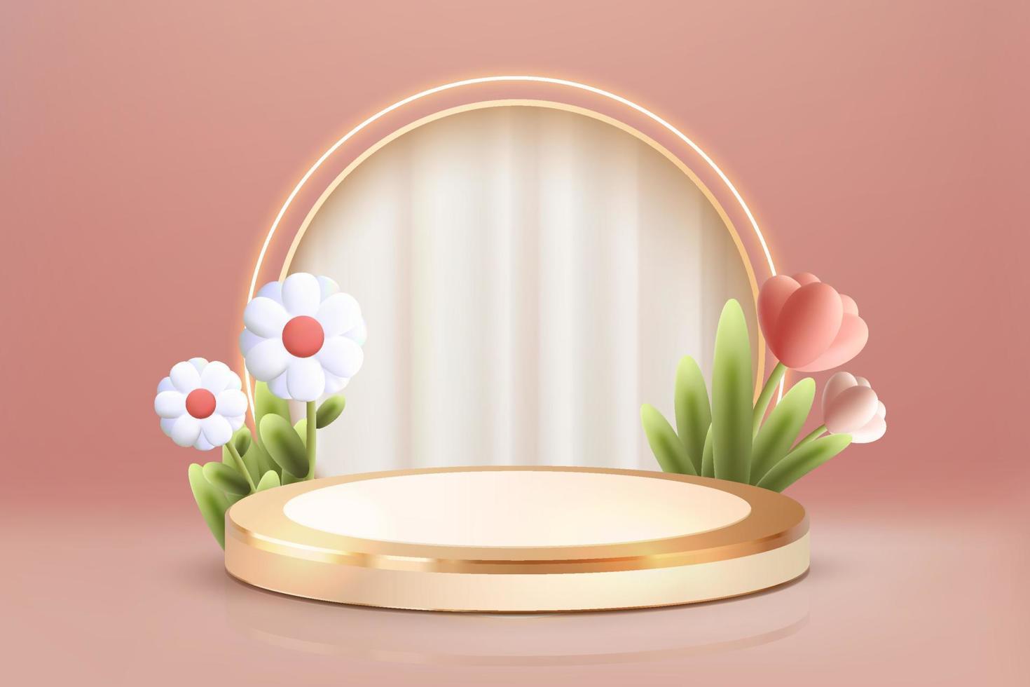 podio de oro de lujo 3d con flor sobre fondo abstracto de escaneo rosa vector