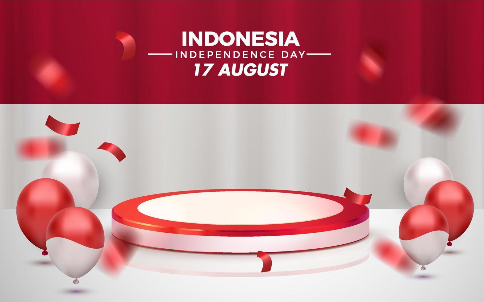 indonesia independence day 17 august 3d rendered luxury red podium with white curtain showcase vector