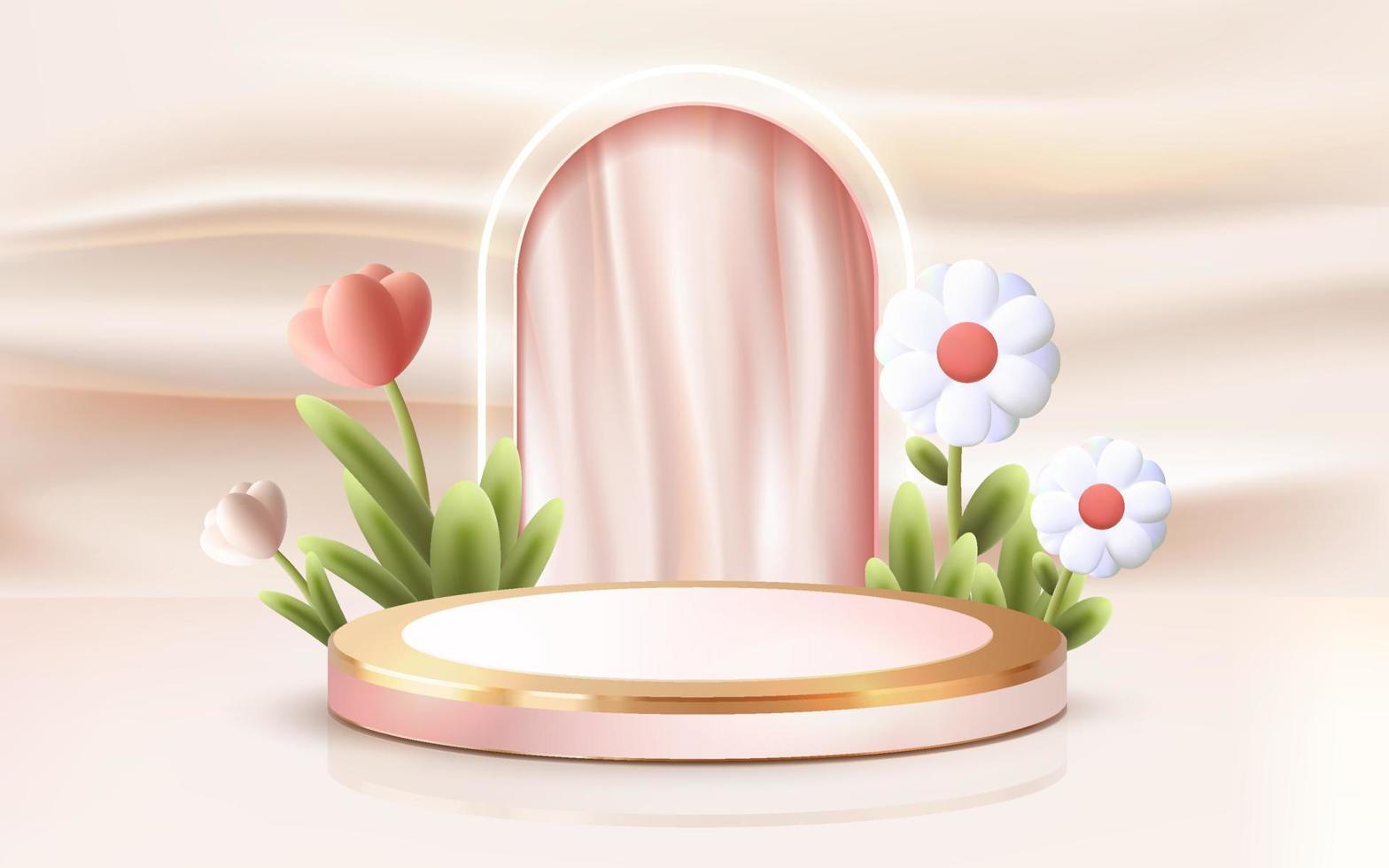 3d abstract scene rendered luxury podium showcase vector 3d with cute flower wavy pink abstract background