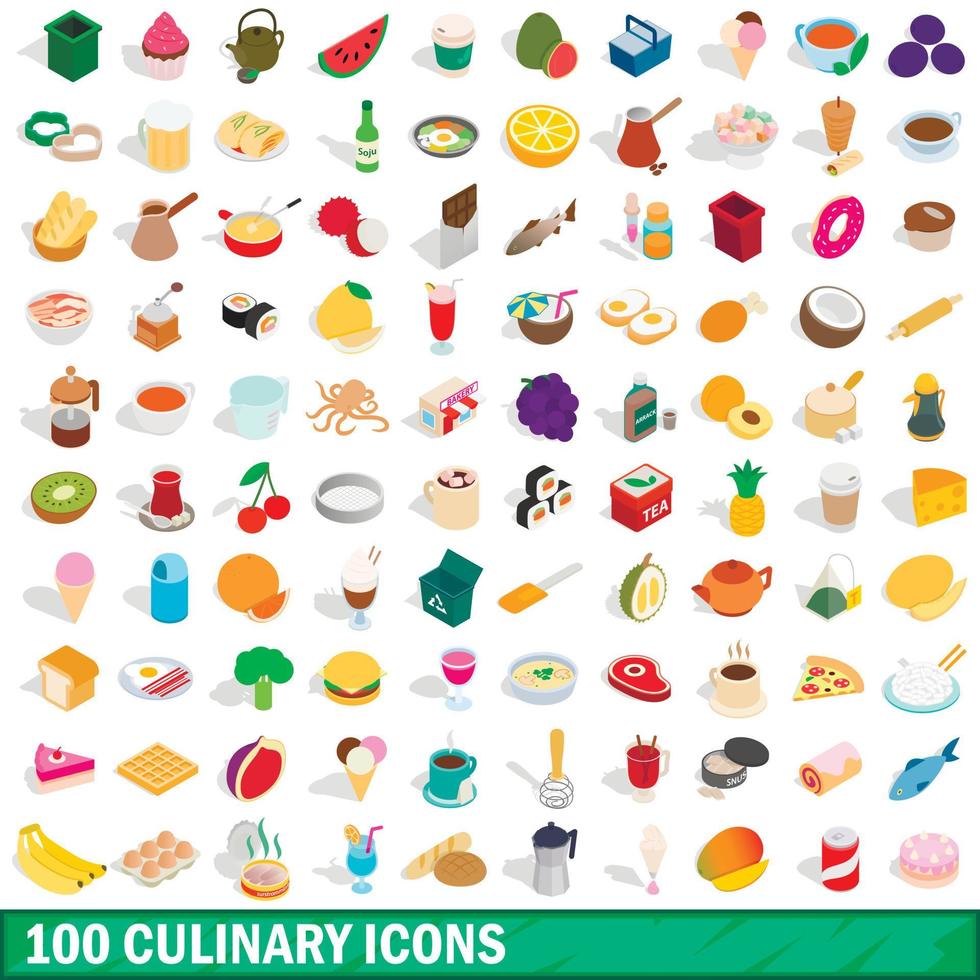 100 culinary icons set, isometric 3d style vector