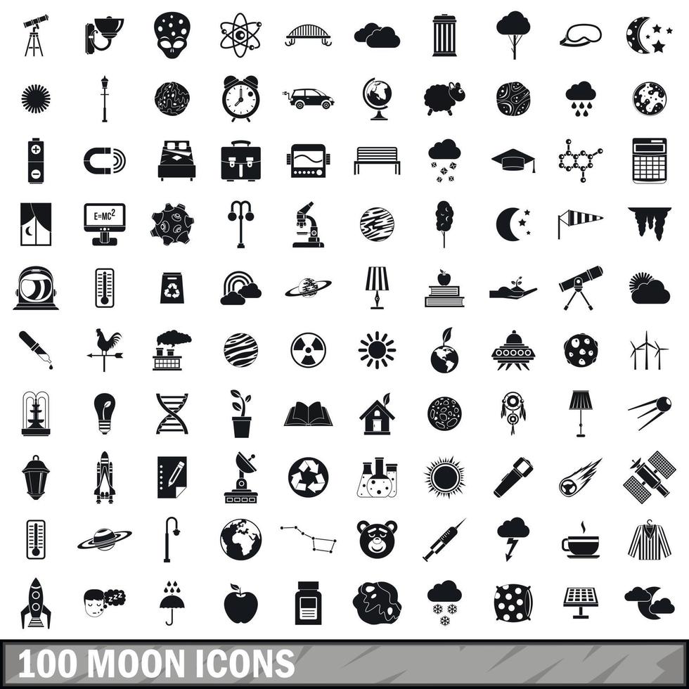 100 moon icons set, simple style vector