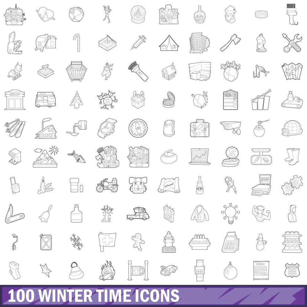 100 iconos de horario de invierno, estilo de esquema vector