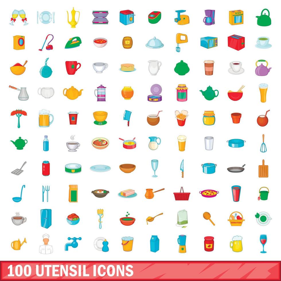100 utensilios, conjunto de iconos de estilo de dibujos animados vector