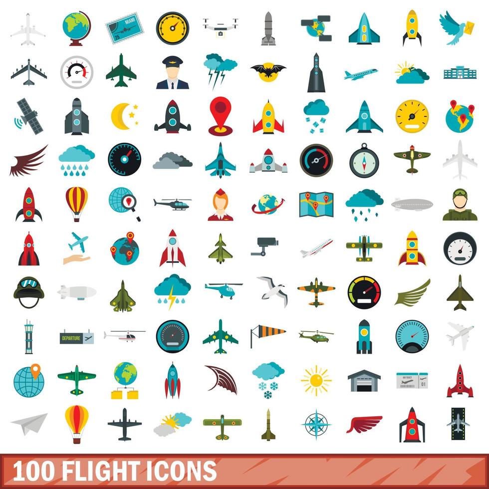 100 flight icons set, flat style vector