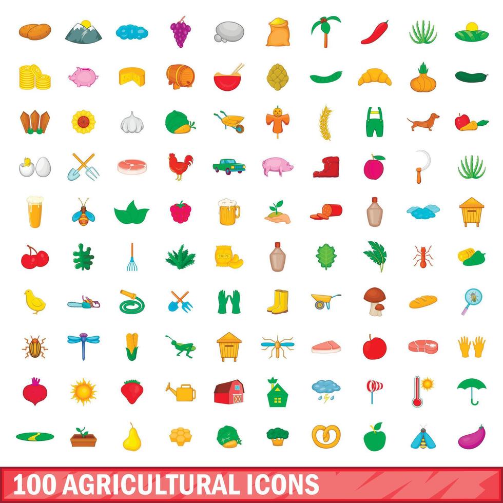100 agricultural icons set, cartoon style vector