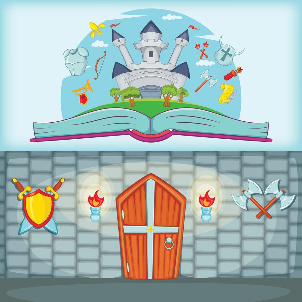 Medieval banner set horizontal, cartoon style vector