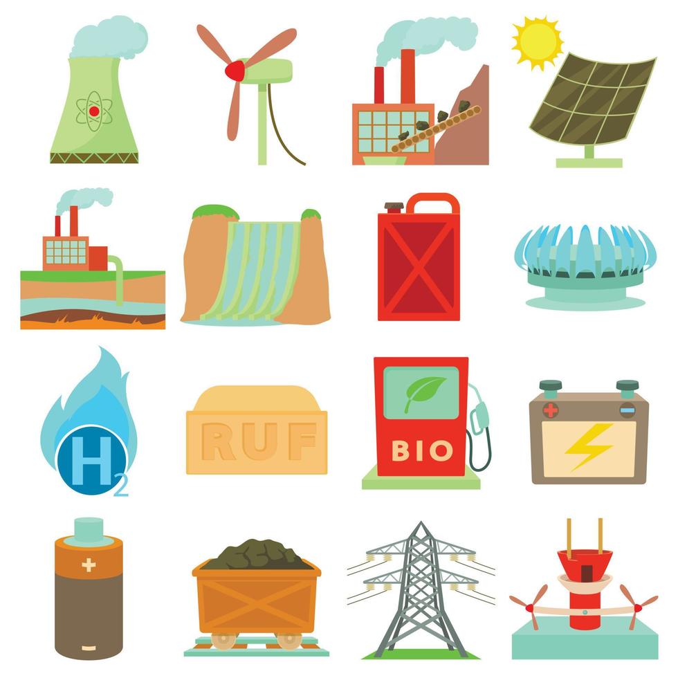 Energy sources items icons set, cartoon style vector