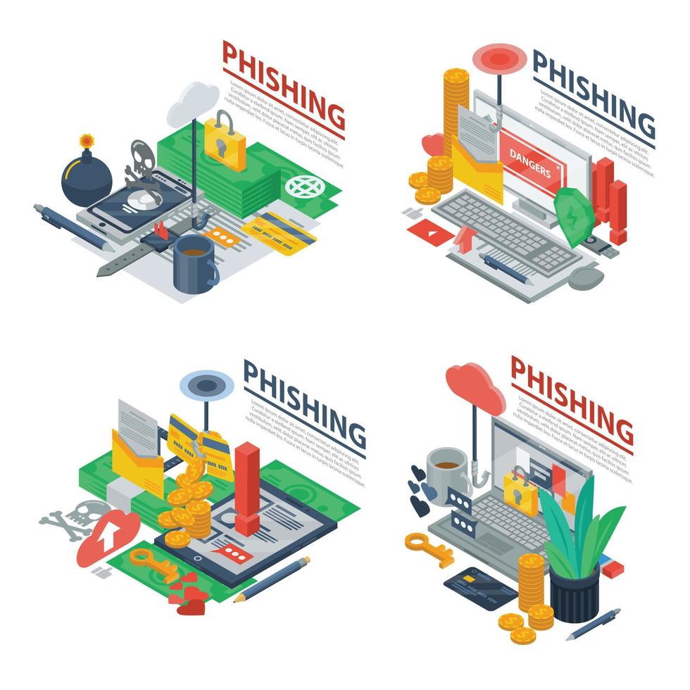 Phishing banner set, isometric style vector