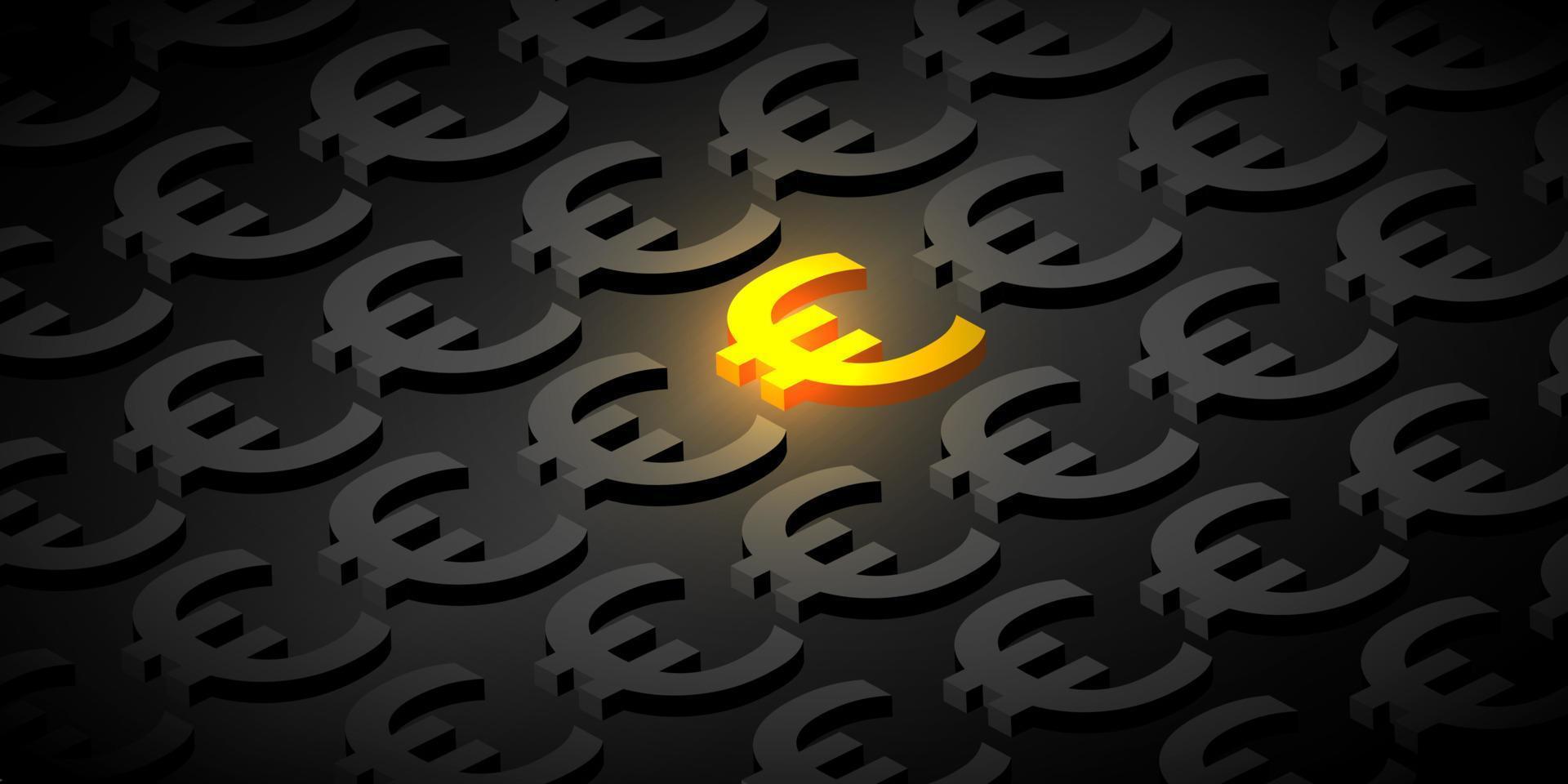 Abstract background Euro symbol on black background. In the middle are glowing gold colors. vector illustration 3d