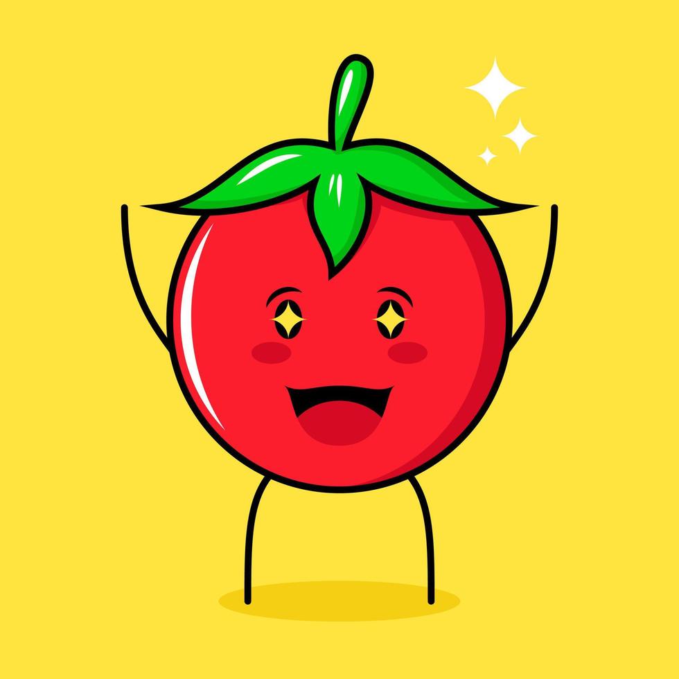 lindo personaje de tomate con expresión feliz, dos manos arriba, boca abierta y ojos brillantes. verde, rojo y amarillo. adecuado para emoticonos, logotipos, mascotas vector