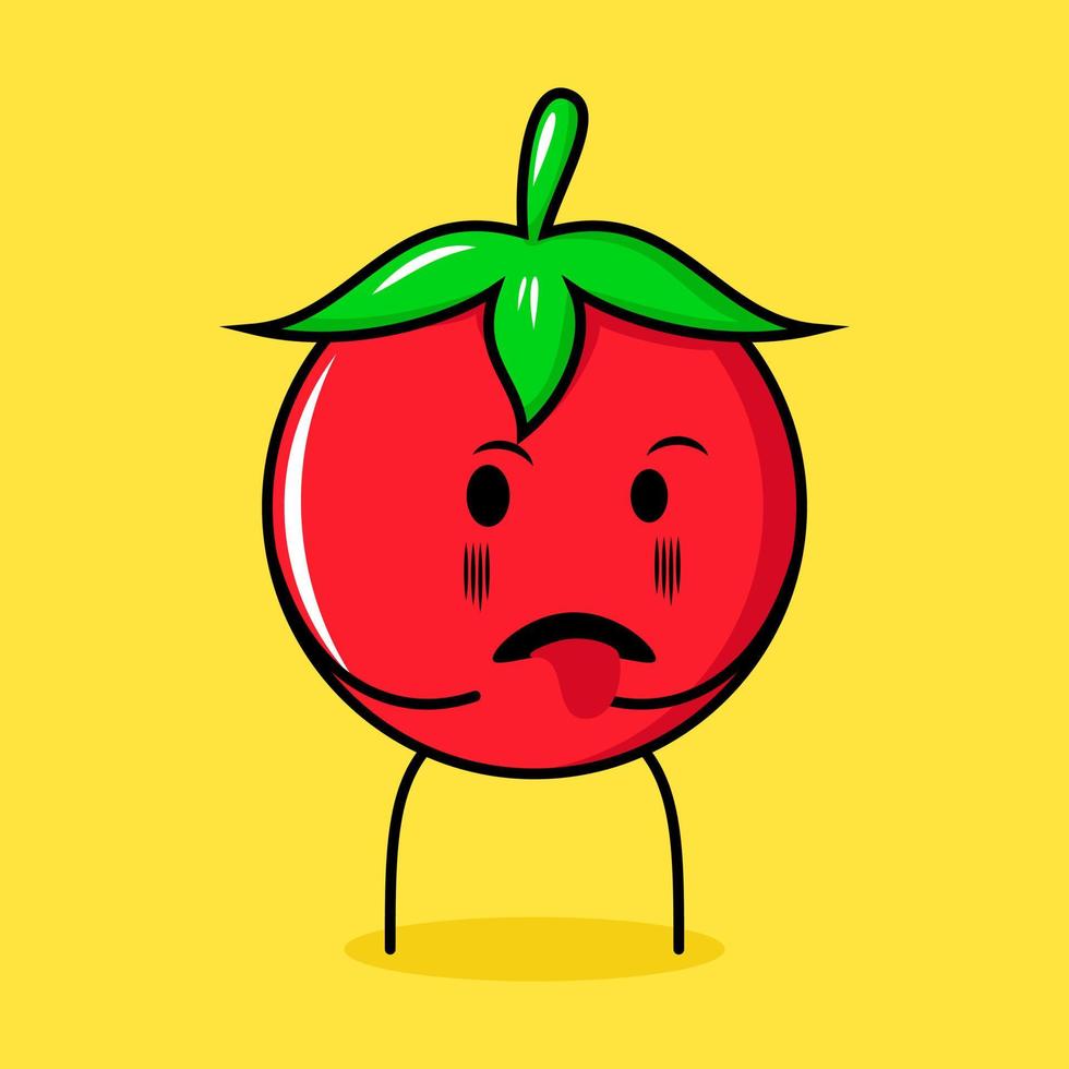 lindo personaje de tomate con expresión repugnante y lengua fuera. verde, rojo y amarillo. adecuado para emoticonos, logotipos, mascotas vector