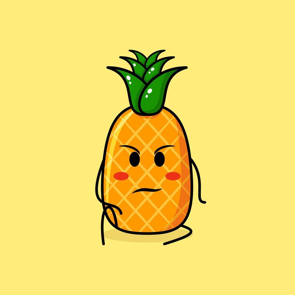 lindo personaje de piña con expresión de intimidación y sentarse. verde y amarillo. adecuado para emoticonos, logotipos, mascotas vector