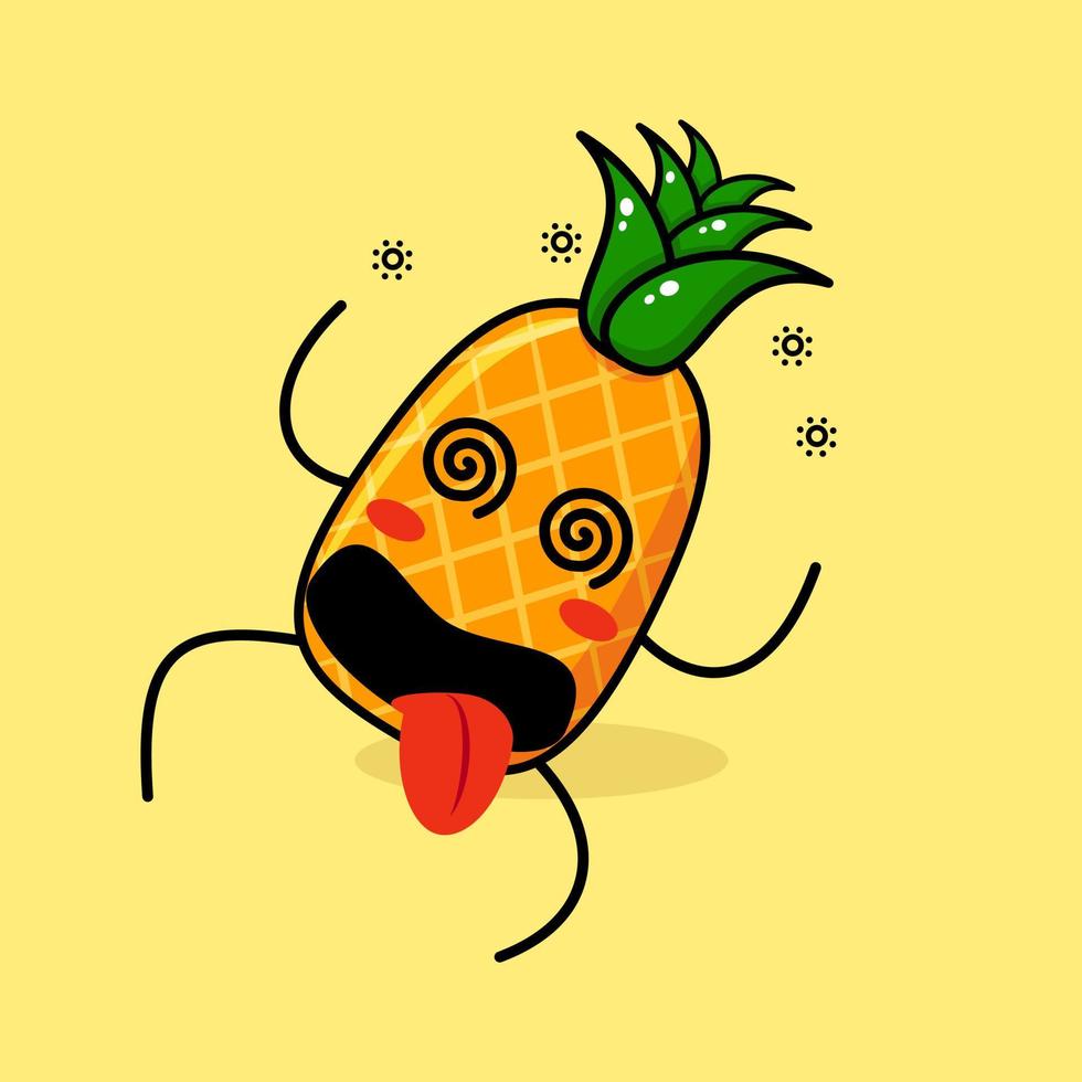 cute pineapple character with dizzy expression, rolling eyes, lie down and tongue sticking out. green and yellow. suitable for emoticon, logo, mascot vector