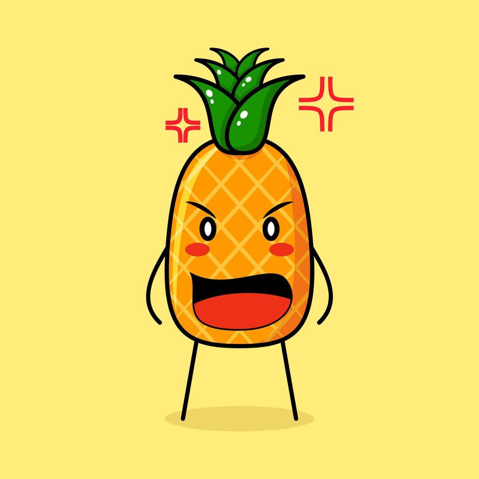 lindo personaje de piña con expresión enojada. boca abierta. verde y amarillo. adecuado para emoticonos, logotipos, mascotas vector