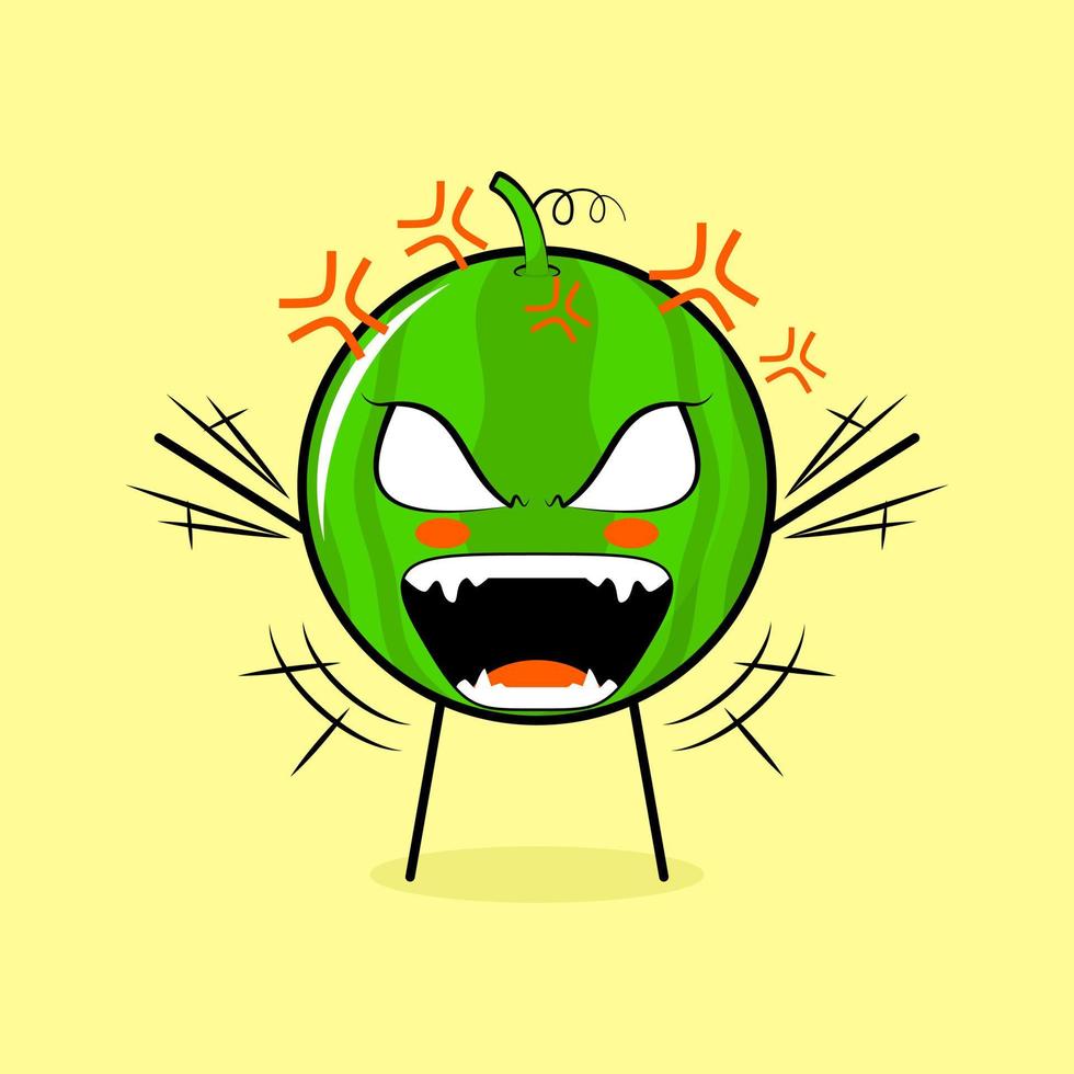 lindo personaje de sandía con expresión enojada. ambas manos levantadas, los ojos desorbitados y la boca bien abierta. verde y amarillo. adecuado para emoticonos, logotipos, mascotas vector