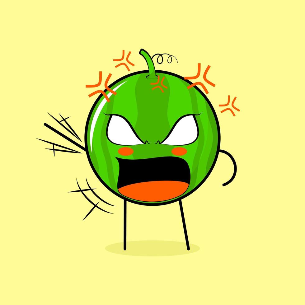 lindo personaje de sandía con expresión enojada. verde y amarillo. adecuado para emoticonos, logo, mascota. una mano levantada, ojos saltones y boca abierta vector