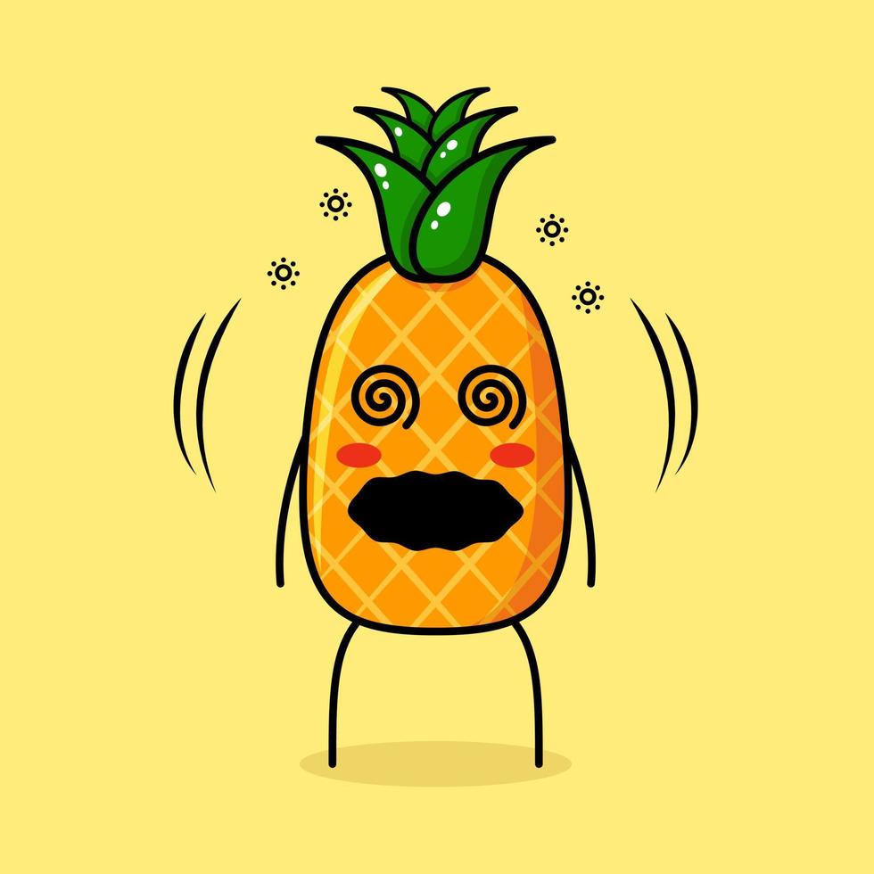 lindo personaje de piña con expresión mareada y ojos rodantes. verde y amarillo. adecuado para emoticonos, logotipos, mascotas vector