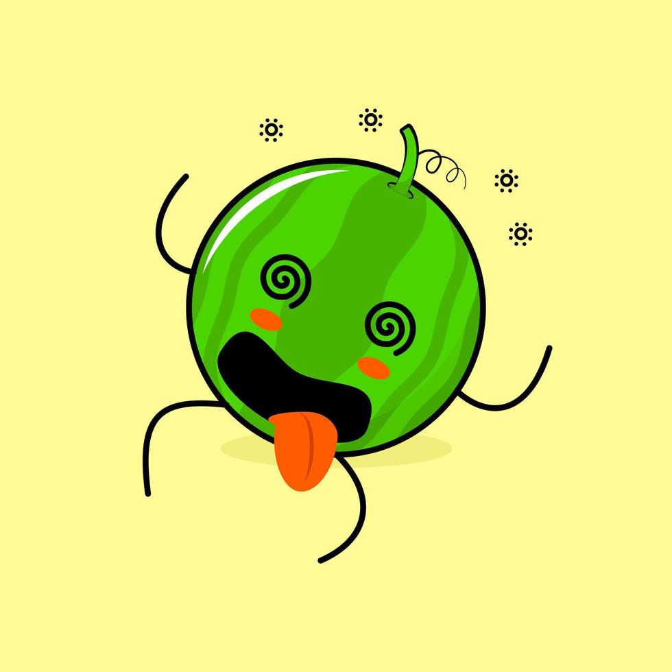 lindo personaje de sandía con expresión mareada, ojos rodantes, tumbado y lengua fuera. verde y amarillo. adecuado para emoticonos, logotipos, mascotas vector