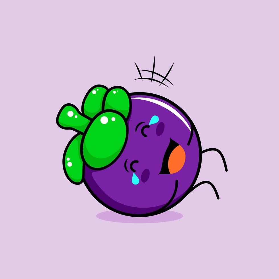 lindo personaje de mangostán con sonrisa y expresión feliz, acuéstate, cierra los ojos y llora. verde y morado. adecuado para emoticonos, logotipos, mascotas e iconos vector