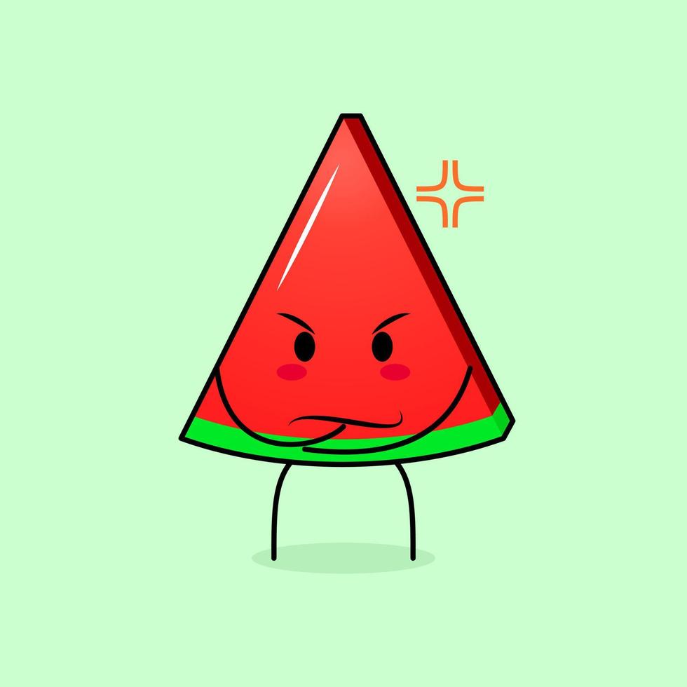 cute watermelon slice character with angry expression. green and red. suitable for emoticon, logo, mascot. one hand on chin vector