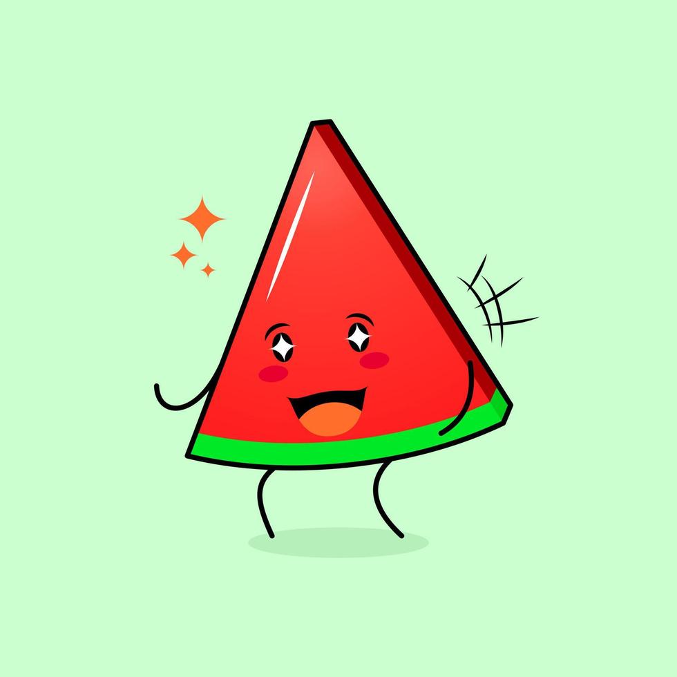 lindo personaje de rebanada de melón con sonrisa y expresión feliz, boca abierta y ojos brillantes. verde y rojo. adecuado para emoticonos, logotipos, mascotas e iconos vector