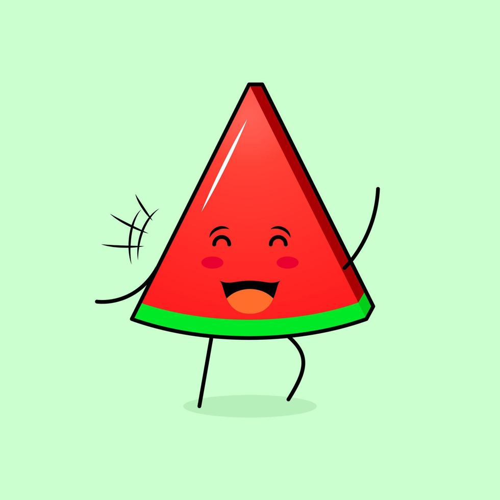 lindo personaje de rebanada de melón con sonrisa y expresión feliz, ojos cerrados y una mano arriba. verde y rojo. adecuado para emoticonos, logotipos, mascotas e iconos vector