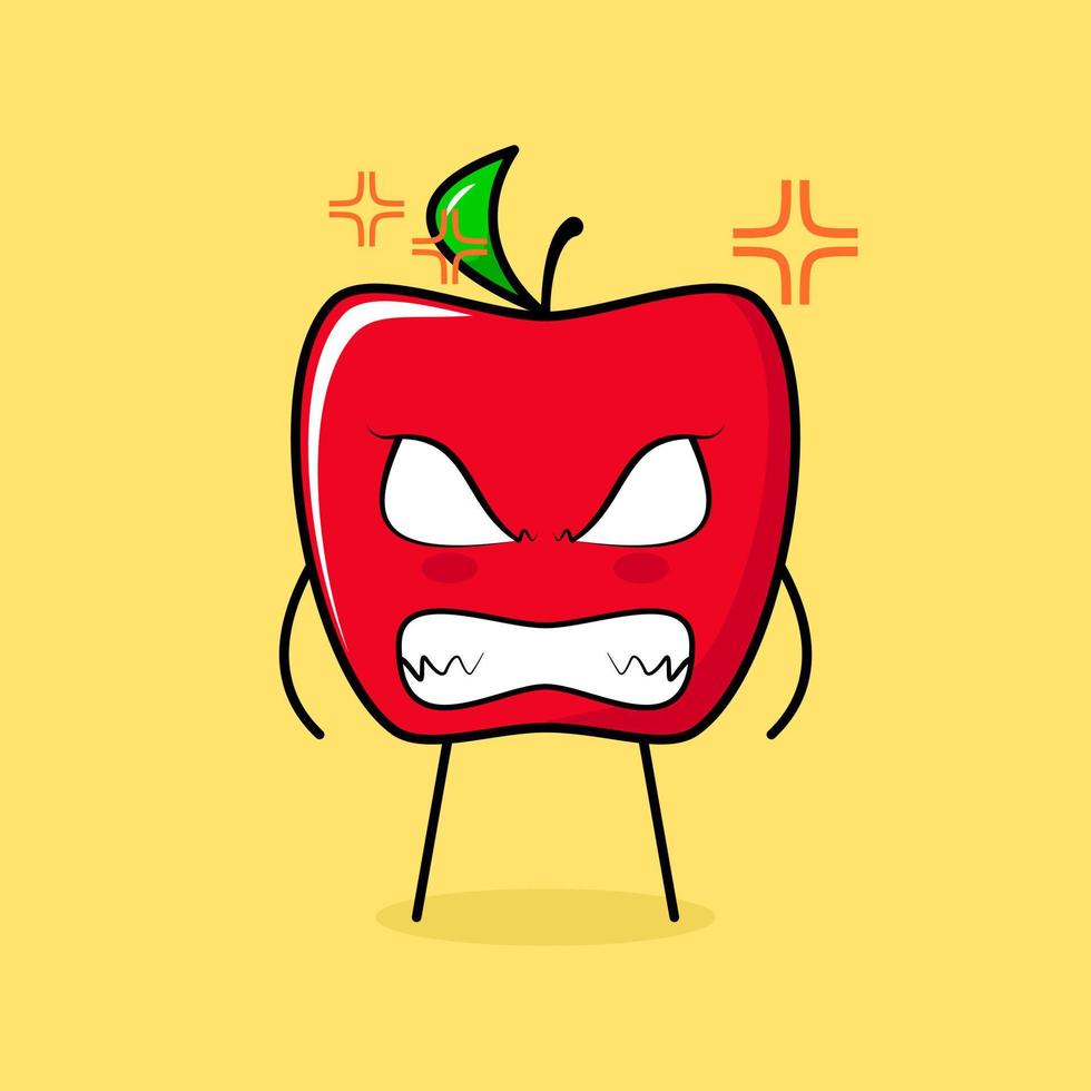 cute red apple character with angry expression. eyes bulging and grinning. green and red. suitable for emoticon, logo, mascot vector