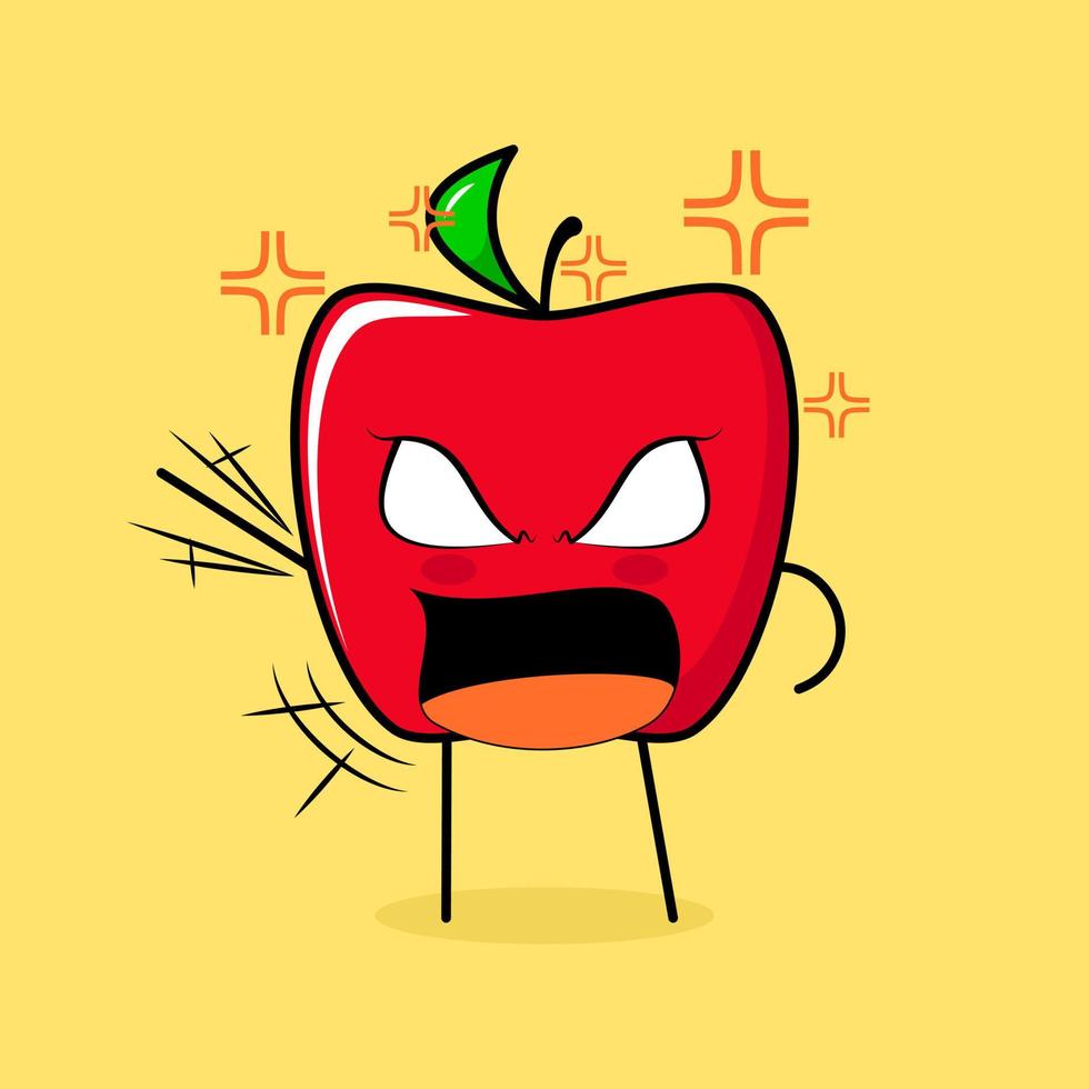 cute red apple character with angry expression. green and red. suitable for emoticon, logo, mascot. one hand raised, eyes bulging and mouth wide open vector