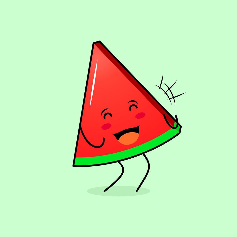 cute wtermelon slice character with smile and happy expression, close eyes and mouth open. green and red. suitable for emoticon, logo, mascot and icon vector